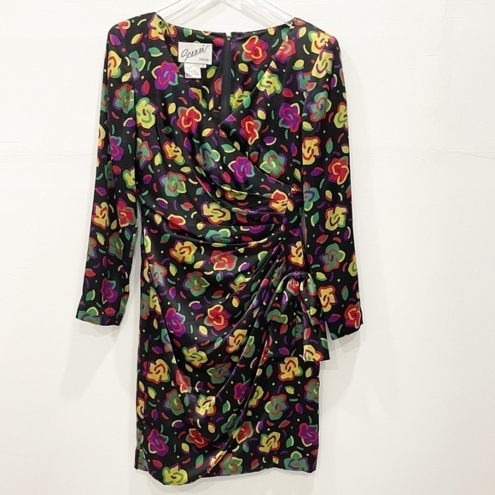 Scaasi Vintage 1980’s Silk Floral Faux Wrap Dress Long Sleeve Bow Black Size 4